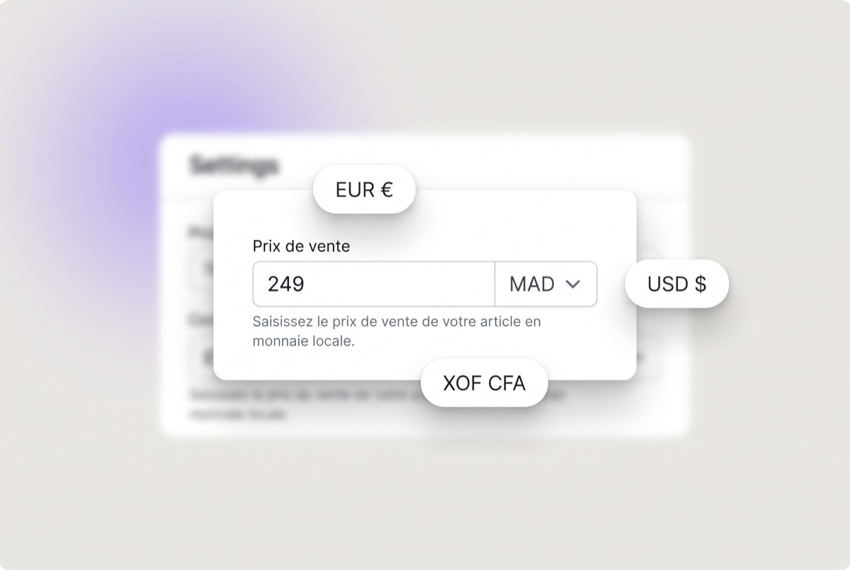 Un champ « Prix de vente » et son sélecteur de devise.