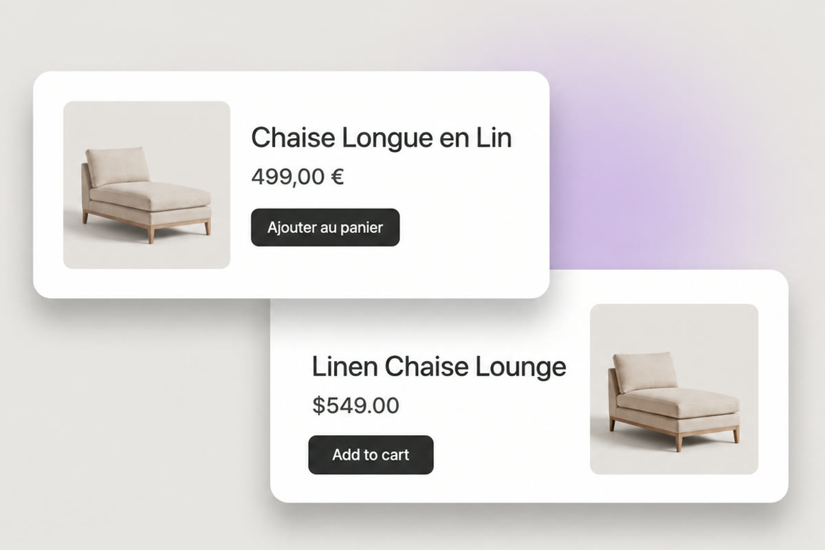 La même fiche produit en français et en anglais, prix et bouton traduits.
